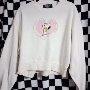 Peanuts White Sweater with Snoopy and Woodstock Heart